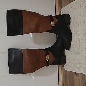 Shoedazzle Womens 8 Winnie Riding Boots Brown Block Heels Mid Calf Zipper New